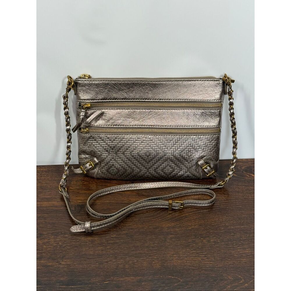 Elliott Lucca Messina Triple Zip Small Crossbody Bag Metallic Leather